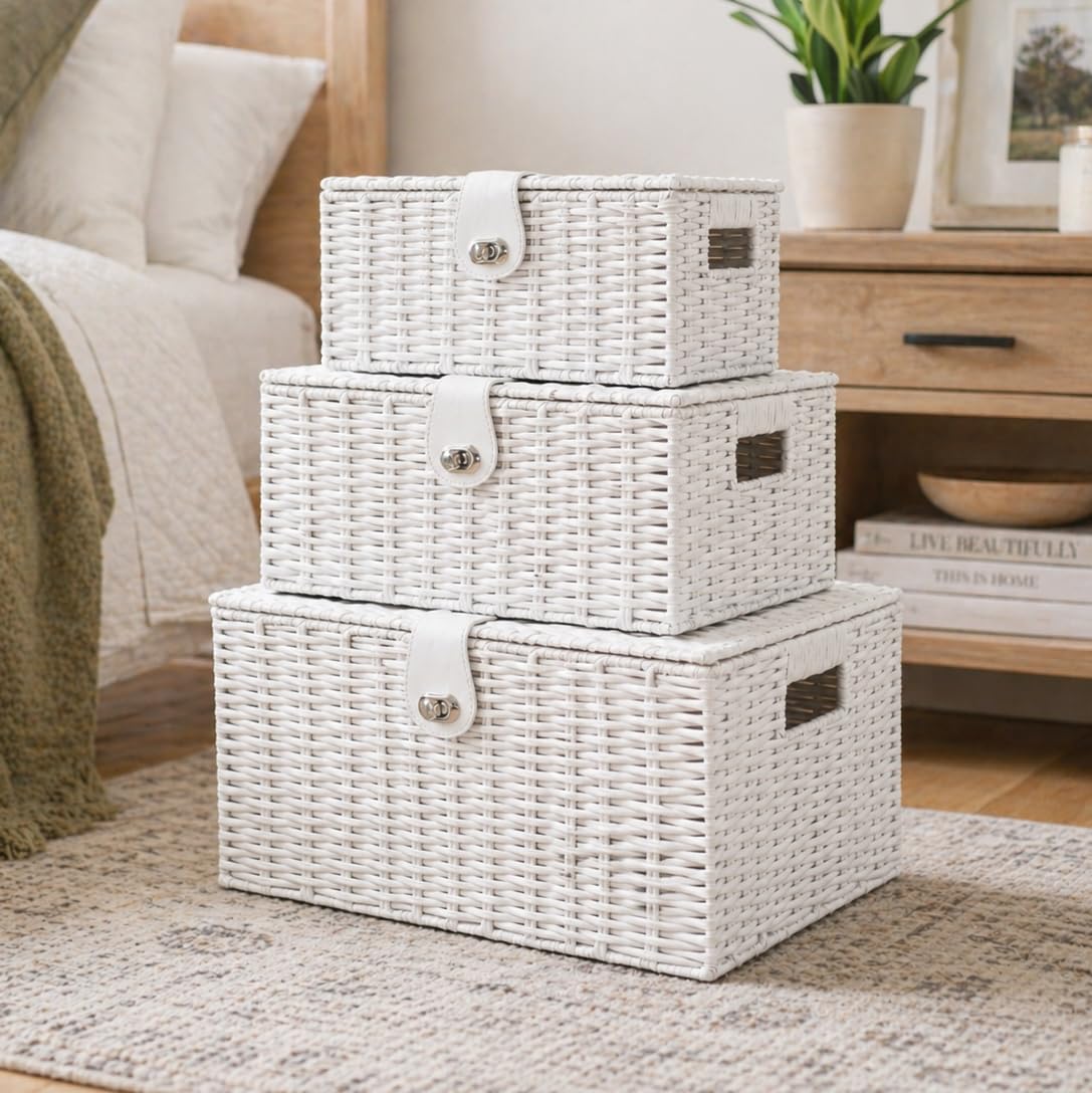HomeZone Set of 3 White Storage Baskets with Lids & Turn Lock